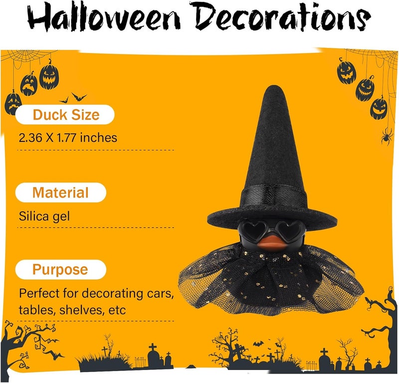 wonuu Car Dashboard Witch Black Rubber Ducks for Halloween, Decorations Duck for Office Desk Ornament Accessories with Hat Glasses Skirt, Black - Image 3